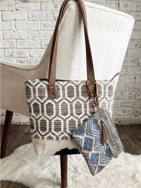 Myra Bag upcycled canvas and calfskin Tote with Blue Accent Pouch
